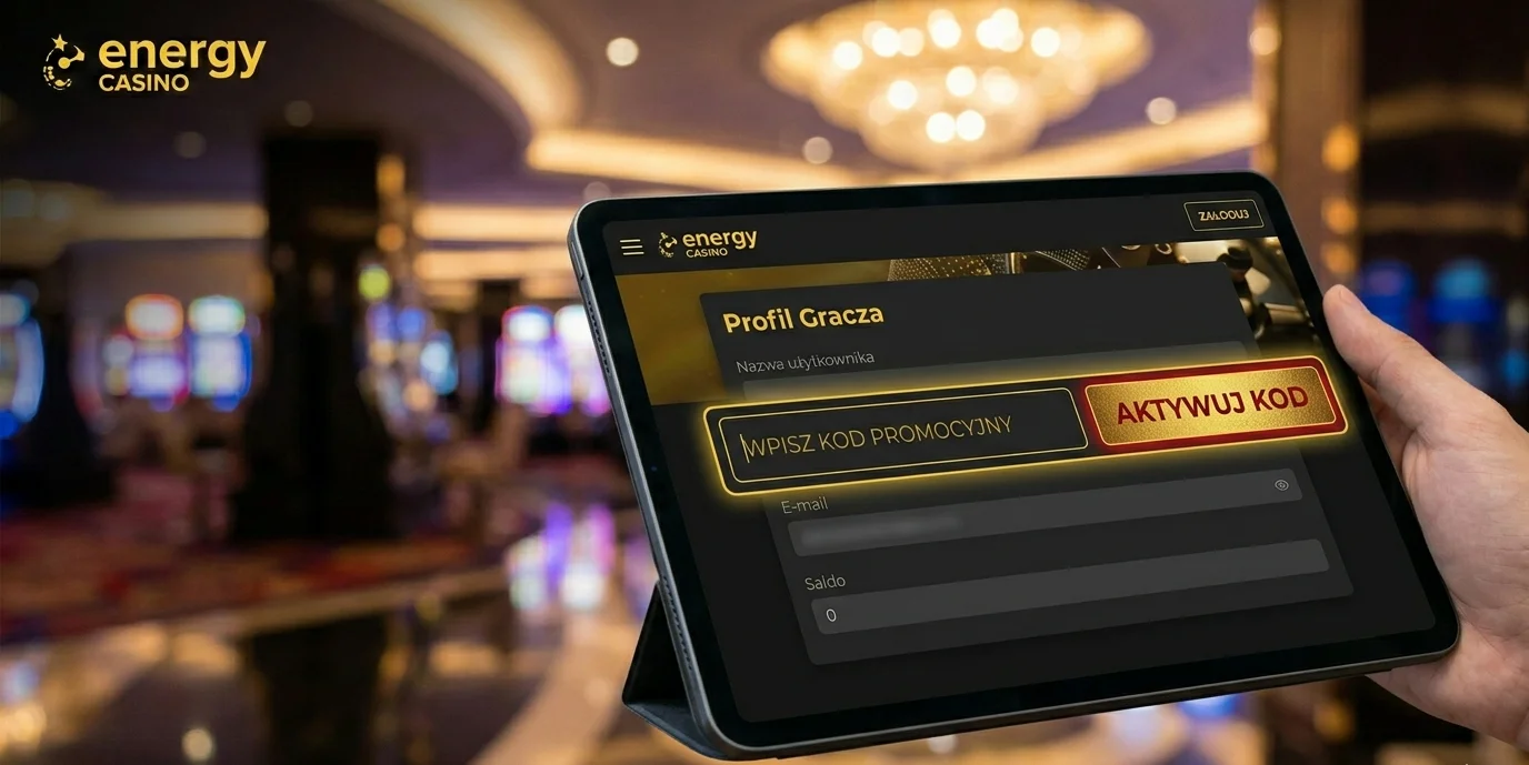 Energy Casino aktywacja kodu promocyjnego na tablecie z polem wpisu i przyciskiem aktywuj