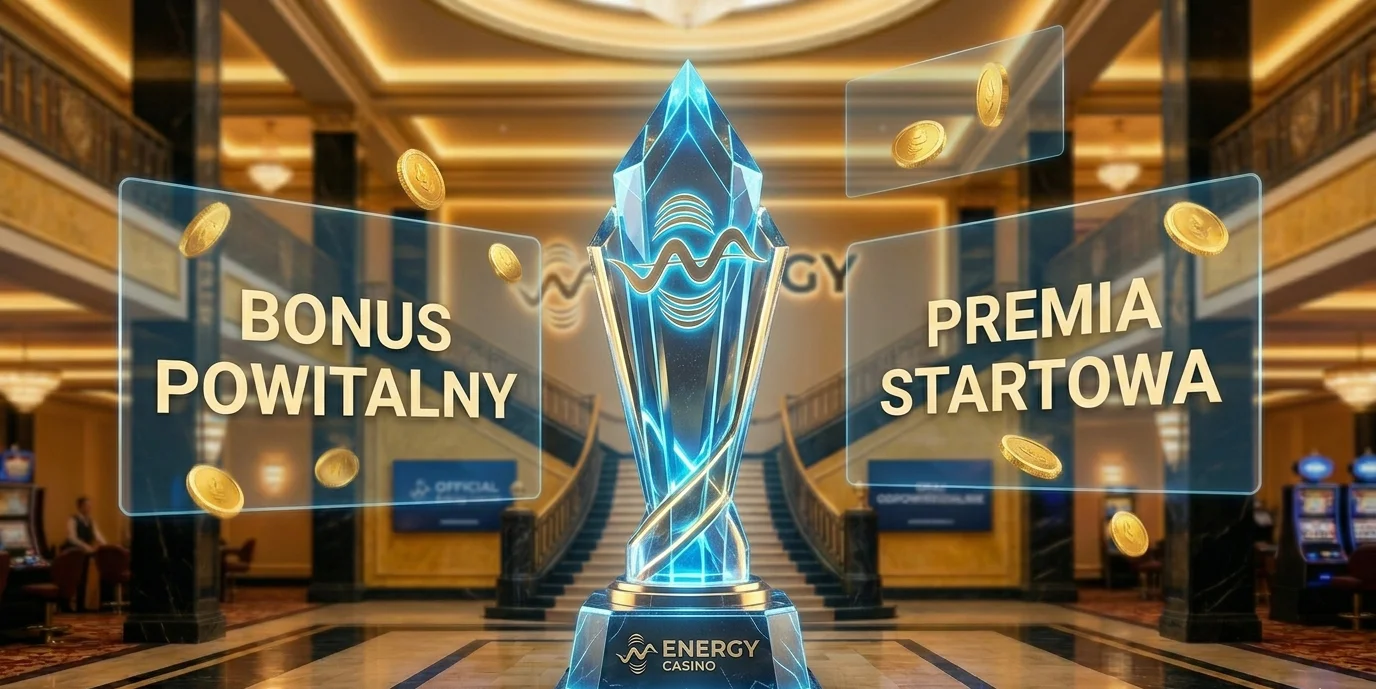 Bonus powitalny Energy Casino z trofeum przedstawiający 100% match i mnożnik wygranych