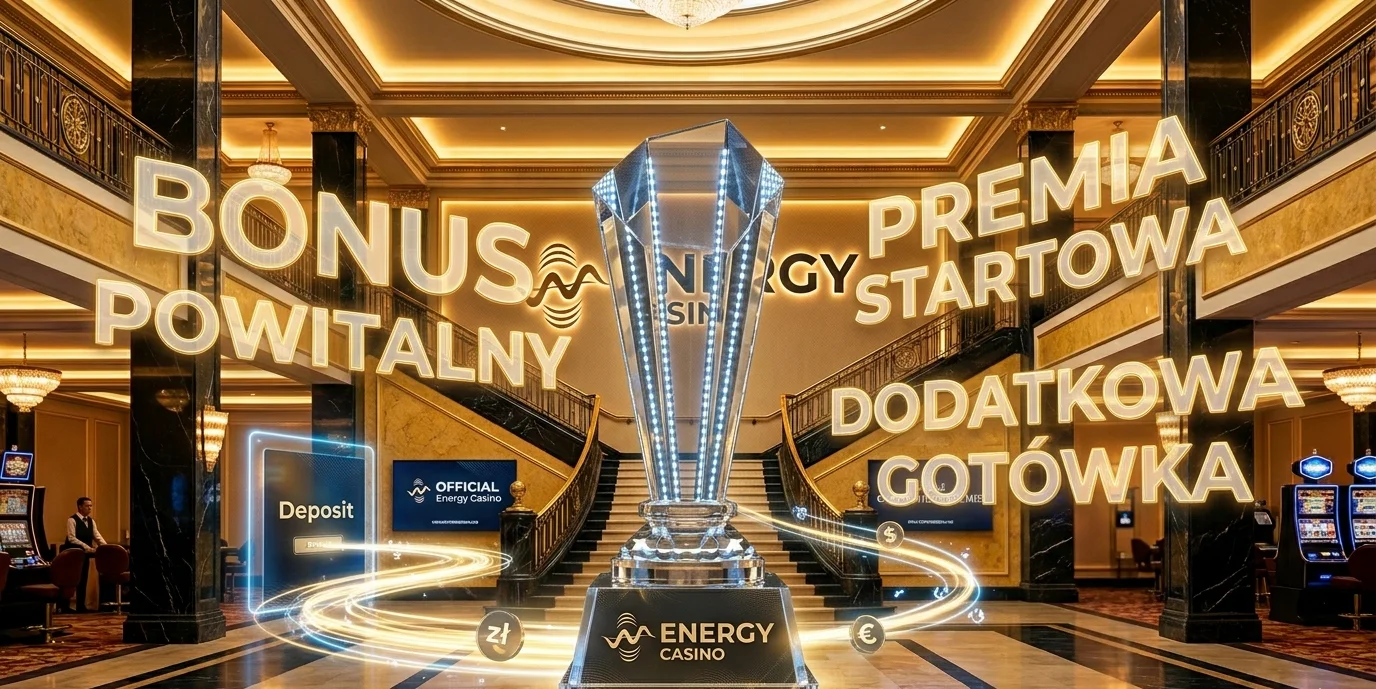 Banner powitalny Energy Casino z trofeum przedstawiający bonus 100% i darmowe spiny